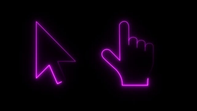A glowing blue neon animation featuring a classic arrow mouse cursor alongside a pointing hand cursor against a dark black background. Ideal for digital interface designs, website interaction visuals,