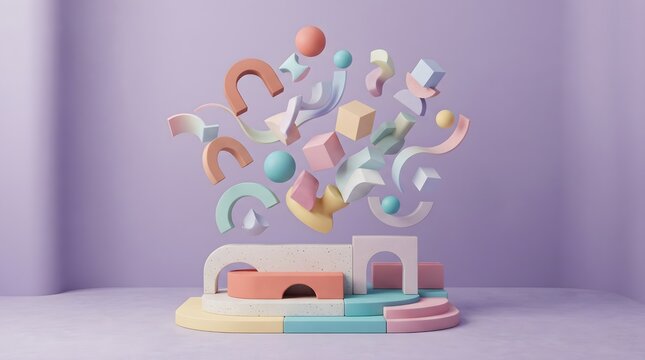Floating Colorful Geometric Shapes in Surreal Still Life
