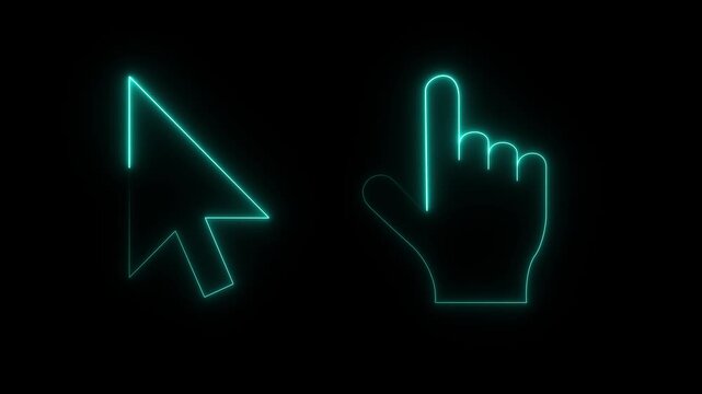 A glowing blue neon animation featuring a classic arrow mouse cursor alongside a pointing hand cursor against a dark black background. Ideal for digital interface designs, website interaction visuals,