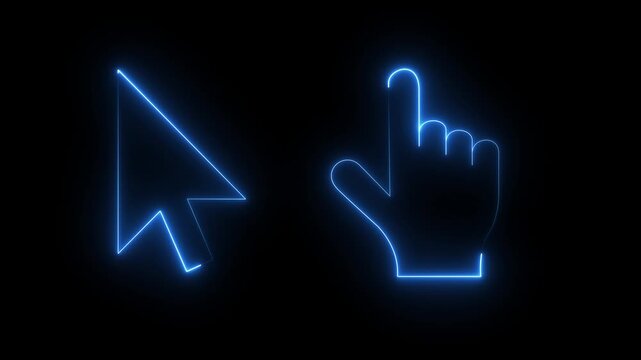 A glowing blue neon animation featuring a classic arrow mouse cursor alongside a pointing hand cursor against a dark black background. Ideal for digital interface designs, website interaction visuals,