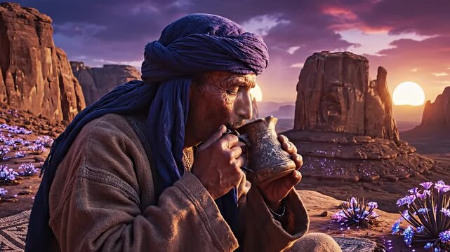 Elder man in traditional turban drinking in desert canyon.