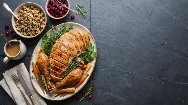 A delicious roasted turkey dinner served for a happy halloween celebration with side dishes on a dark rustic stone background top view