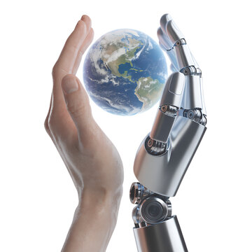 Futuristic metallic robotic hand holding a earth icon isolated on transparent background for technology concepts with detailed mechanical robotic. Human hand and robotic hand holding a glowing blue