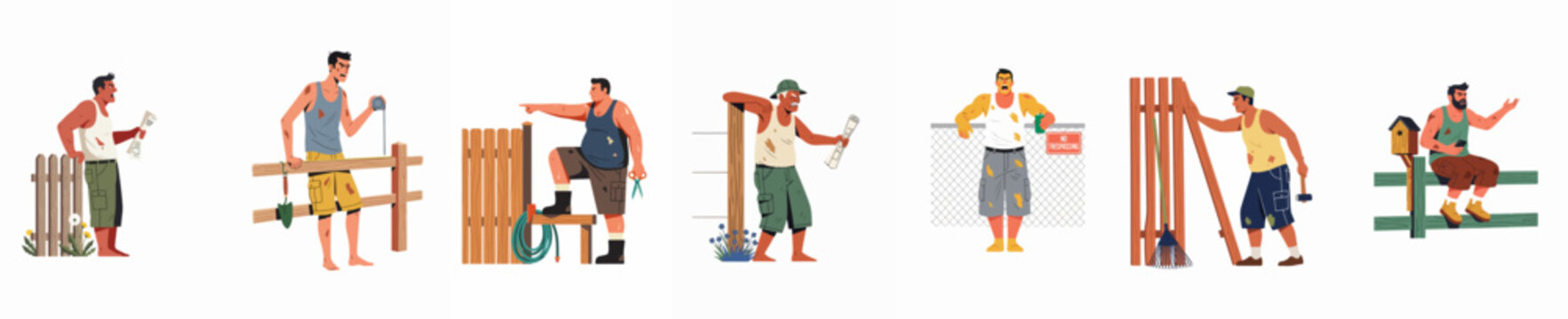 Collection of illustrations showing men building and repairing various types of wooden and wire fences with different tools on a white background.