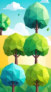 Low poly trees in green landscape.