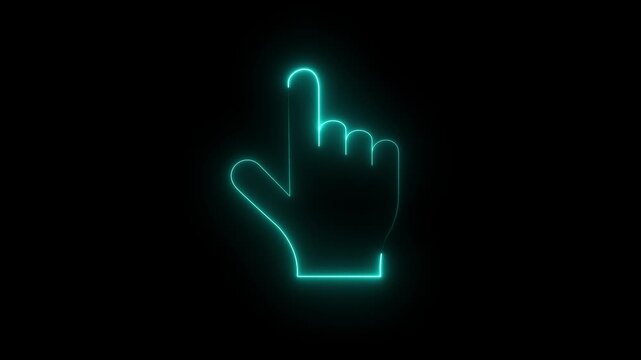 A glowing blue neon animation featuring a pointing hand cursor symbol against a dark black background. Ideal for digital interface designs, website interaction visuals, tech presentations, click-to-ac