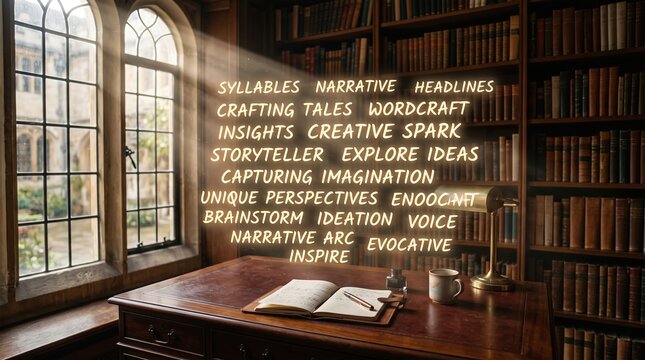 Creative Writing Concept with Floating Storytelling Words in Classic Library Interior with Sunbeams