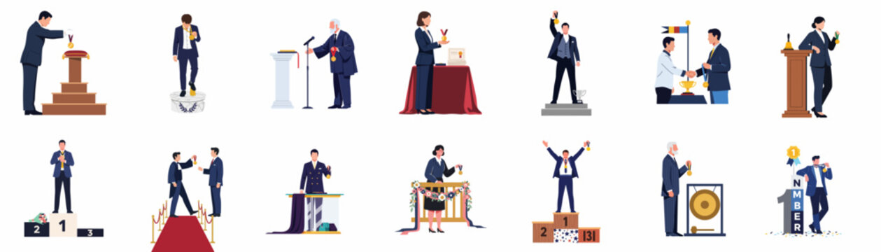 Collection of Business Success and Achievement Illustrations Featuring People with Trophies, Awards, and Podiums in Professional Settings