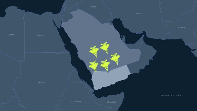 4K Map Animation Of Saudi Fighter Jet Flying Toward Yemen Symbolizing Conflict In The Middle East