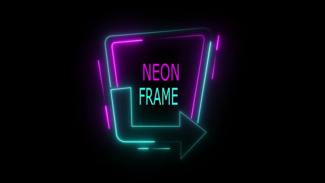 A stylish animated neon banner featuring glowing blue and pink/magenta light strokes outlining a geometric frame with an integrated directional arrow pointing right, containing the text "NEON FRAME" 