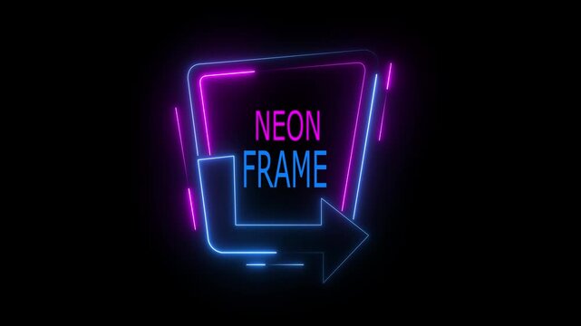 A stylish animated neon banner featuring glowing blue and pink/magenta light strokes outlining a geometric frame with an integrated directional arrow pointing right, containing the text "NEON FRAME" 