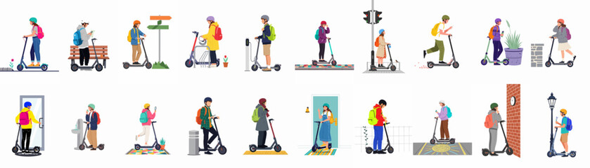 Set of Vector Illustrations Showing Diverse People Using Electric Kick Scooters for Daily Urban Commuting, Emphasizing Modern Sustainable Micro-Mobility and Eco-Friendly City Travel. © Isabella