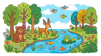 Obraz premium Cute Forest Animals, River, and Birds - Cartoon Illustration
