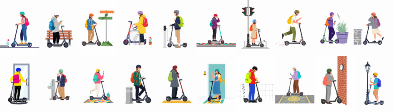 Set of Vector Illustrations Showing Diverse People Using Electric Kick Scooters for Daily Urban Commuting, Emphasizing Modern Sustainable Micro-Mobility and Eco-Friendly City Travel.