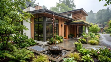 Fototapeta premium Modern residential home exterior with rainy garden landscape view