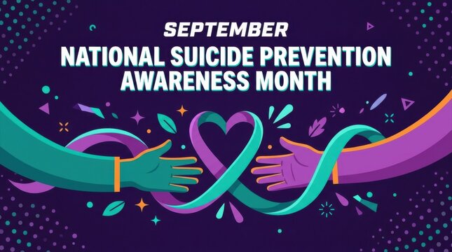 September national suicide prevention awareness month banner with colorful hands and ribbon