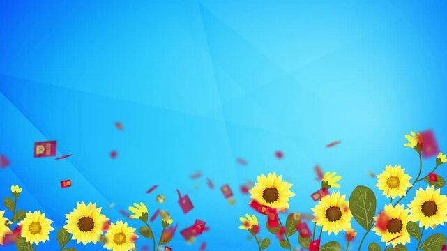 Sunflowers stand amidst floating red envelopes and golden coins under a bright azure sky background.