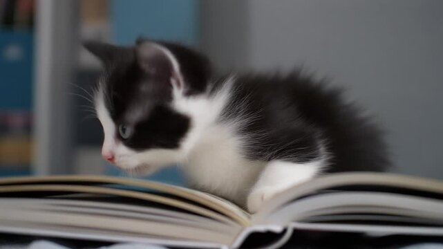 adorable black and white kitten playing with an open book, closeup
