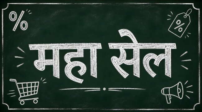 yellow splash strokes radiating outward, festive sale poster text effect.
Chalkboard style: "महा सेल" written in white chalk-texture font on a dark green