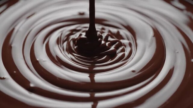 Rich dark chocolate sauce swirling in slow motion macro view, a decadent visual delight.