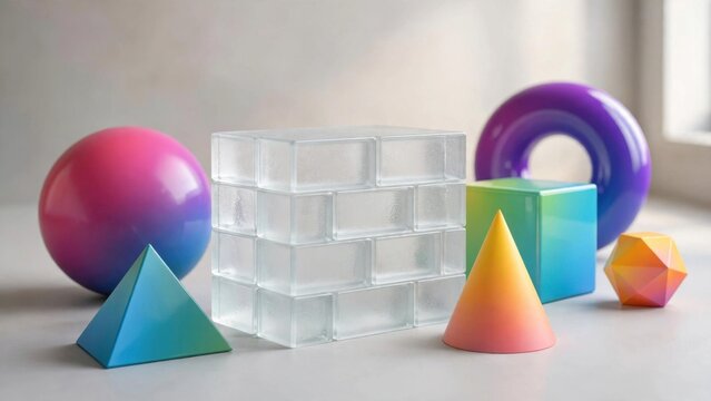Collection of Geometric Shapes in Various Colors and Materials.