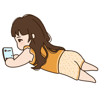 cute cartoon illustration of girl watching social media on mobile phone