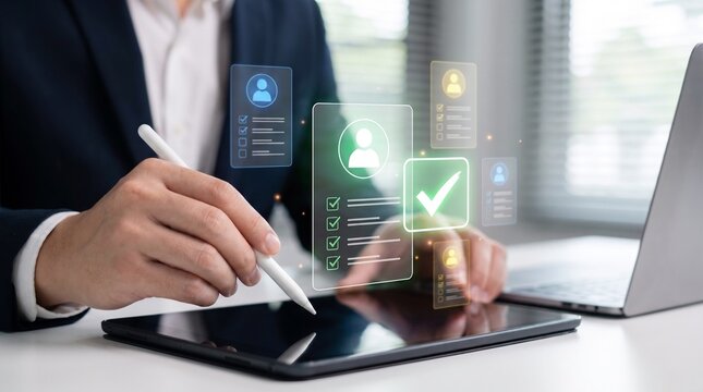 digital recruitment workflow and applicant screening concept showing hr professional using tablet with holographic checklist, candidate profiles, and approval checkmarks for efficient talent acquisiti