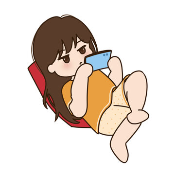 cute cartoon illustration of girl playing game on a phone