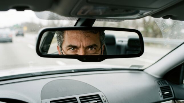 Portrait of a man looking seriously in the car rearview mirror while driving