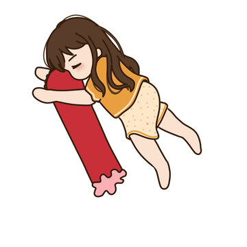 Illustration of sleeping cute girl holding red pillow