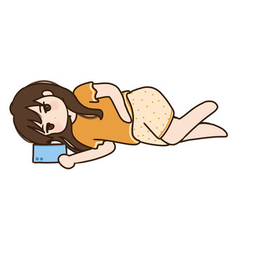cute cartoon girl holding a phone while lying down