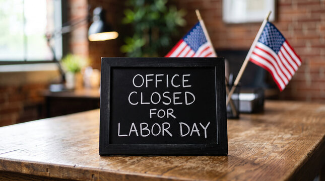 Office closed for Labor Day chalkboard sign on wooden desk.