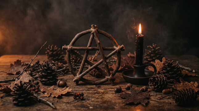 Occult harvest altar with wooden pentagram and black candle.