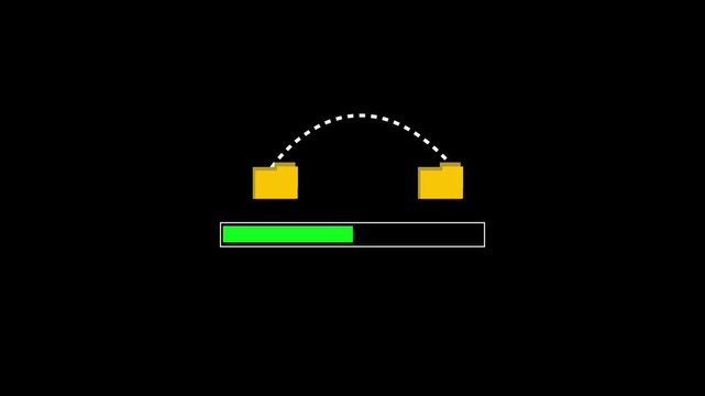 Animated folder to folder file transfer progress animation.File transfer animation between two folders on black background.Documents moving along green progress line.