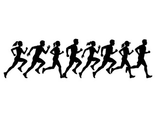 Obraz premium Group of men and women runners running marathon jogger athletes silhouettes isolated on white background
