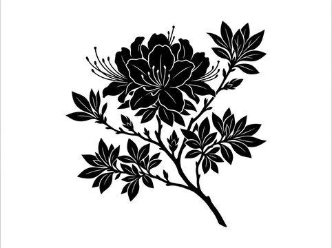 Black Silhouette of Blooming Azalea Flower Branch Isolated on White Background Botanical Vector Illustration