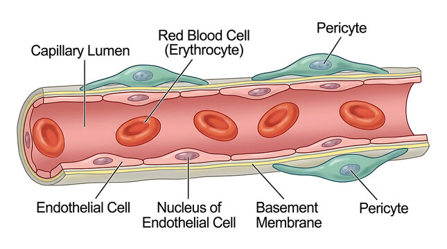 Medical Illustration of Capillary Blood Vessel Structure showing Red Blood Cells and Endothelial Cells