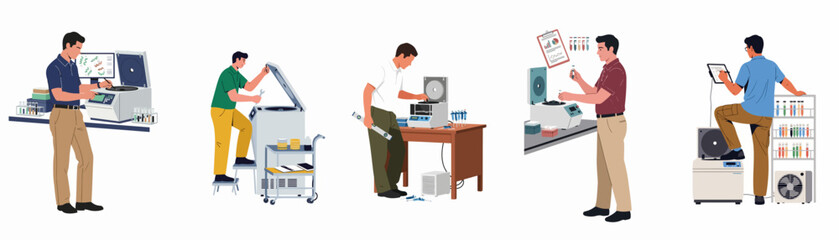 Fototapeta premium Flat illustration set of men working with scientific and laboratory equipment in a research or industrial setting isolated on white background.