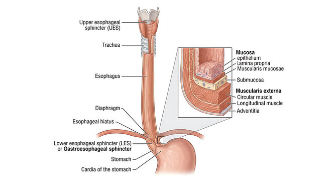 Medical illustration of the human esophagus and stomach anatomy showing layers of the esophageal wall and sphincters