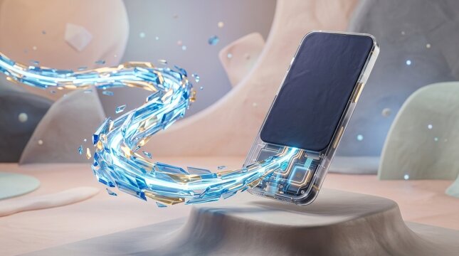 Creating a Seamless Customer Experience Across Digital Channels, A futuristic smartphone surrounded by flowing digital elements in an abstract setting.