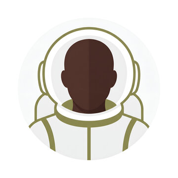 Flat vector icon showing a dark skinned astronaut wearing a white helmet inside round frame