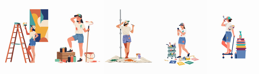 Fototapeta premium Flat illustration set of a young woman engaged in various home renovation and painting activities, using tools like rollers, brushes, and ladders.