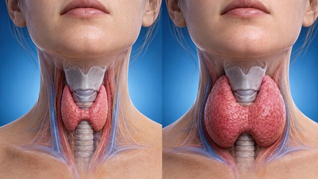 Medical illustration of healthy human thyroid gland compared to enlarged goiter thyroid condition.