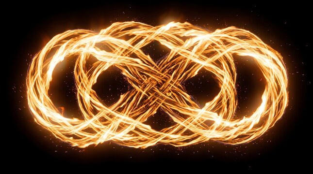 Intricate fiery intertwined symbol glowing brightly against a deep black canvas, radiating powerful energy and mystic elegance in an abstract loop design