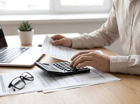 Professional accountant working on financial documents using a calculator at a desk in a bright modern office