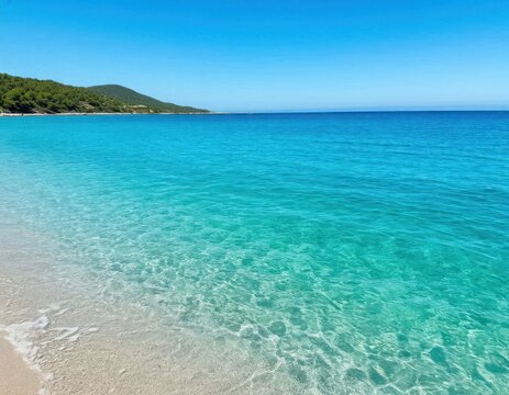 Serene tropical beach with clear turquoise water lapping gently on sandy shore, surrounded by lush green hills under a bright blue sky