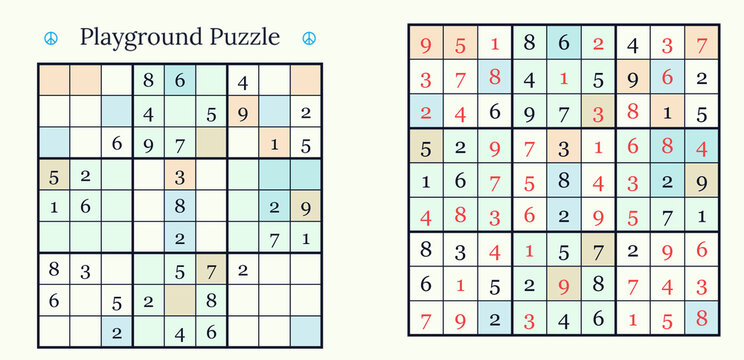 Sudoku puzzle grids with completed and incomplete versions, colorful design