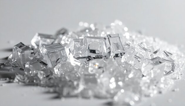 Pile of transparent crystalline salt or sugar cubes.