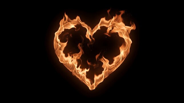 Vivid fiery heart igniting with passionate flames against a dark void, symbolizing intense love, warmth, and powerful emotion in a dramatic display of light and heat