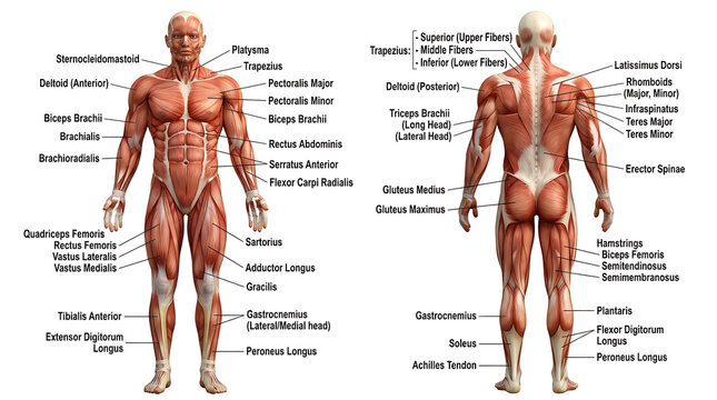 Detailed anatomical chart showing full human muscular system from front and back perspectives for medical education and study purposes